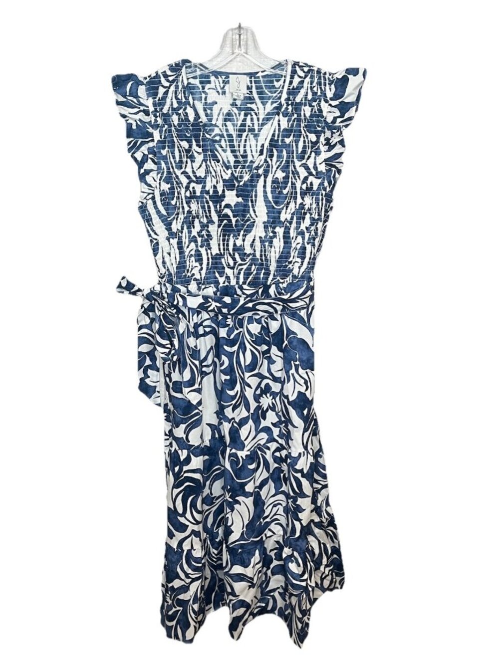 Joie Blue White Floral Midi Dress Smocked Flutter Sleeve Sz L Coastal Romantic